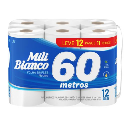 papel higienico mili bianco neutro 60m leve 12 pague 11 unidades