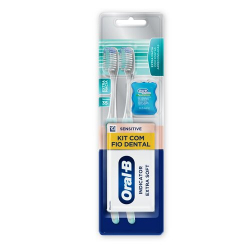 kit 2 escovas dentais extramacias sensitive pro-saude + 1 fio dental complete satin floss oral-b