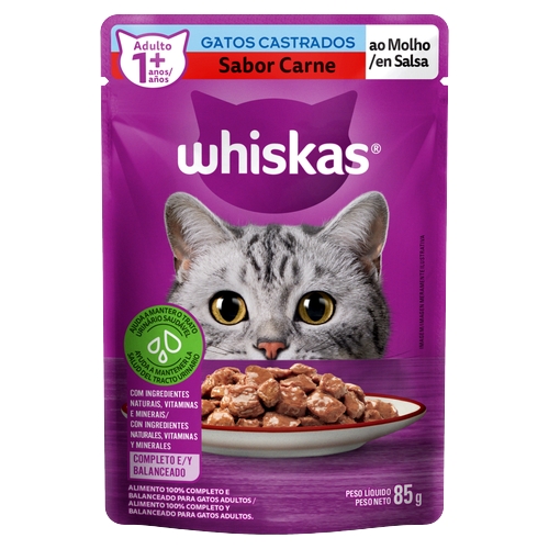Ração Whiskas Para Gatos Adultos Castrados De Carne Ao Molho Sachê 85g